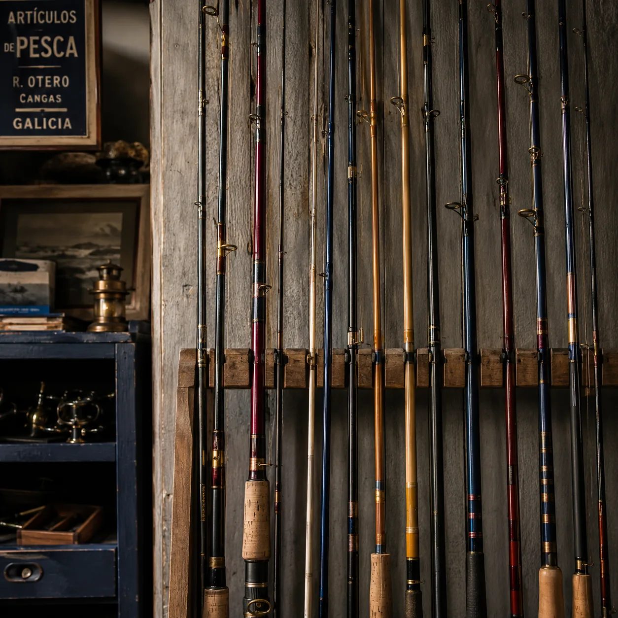 Rack de canas de pesca en la tienda