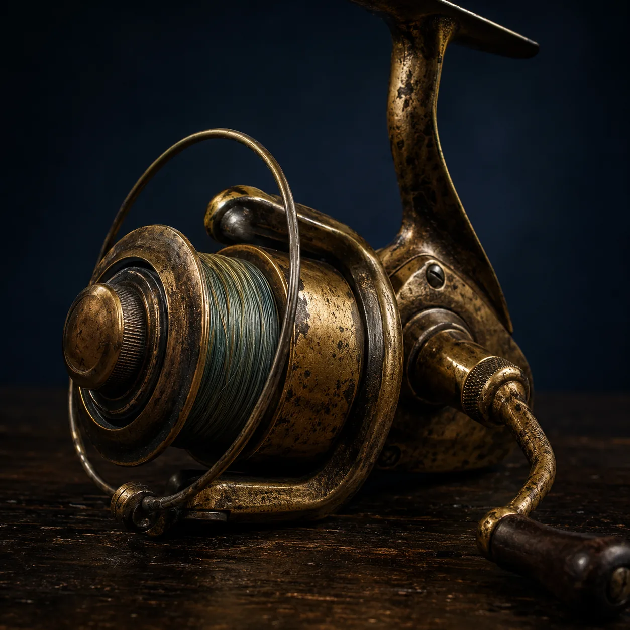 Carrete spinning de bronce sobre madera