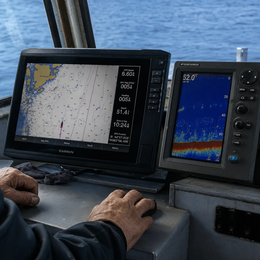 GPS y sonda marina en consola de barco